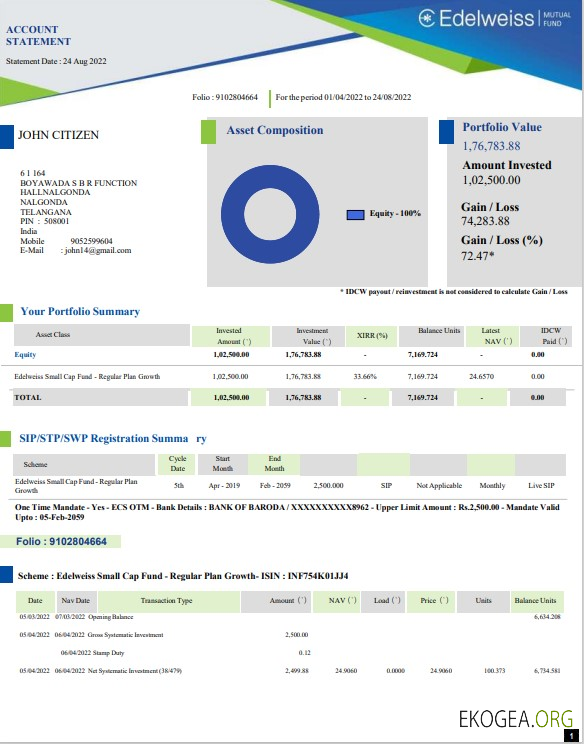 Modèle Word et PDF de relevé bancaire Inde Edelweiss, 3 pages